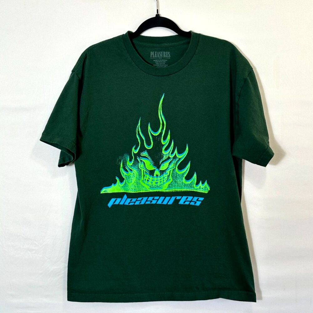 Pleasures Flameboy Men's Neon Green/Blue Graphic Flame Skull T-Shirt Size L